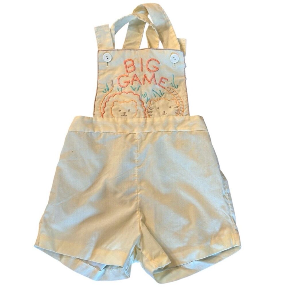 Vintage Mayfair Yellow Baby Overalls Shorts Embroidered Animals 18 Months